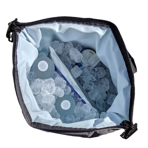 Black 12 pack soft cooler open with ice
